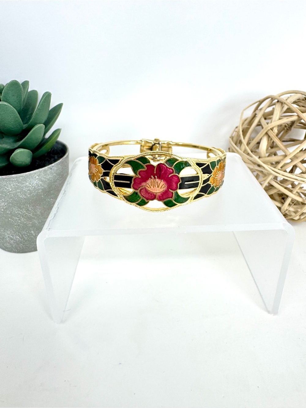 Vintage 1980s Cloisonné Enamel Hinged Clamper Bracelet – Gold Tone Floral Bangle